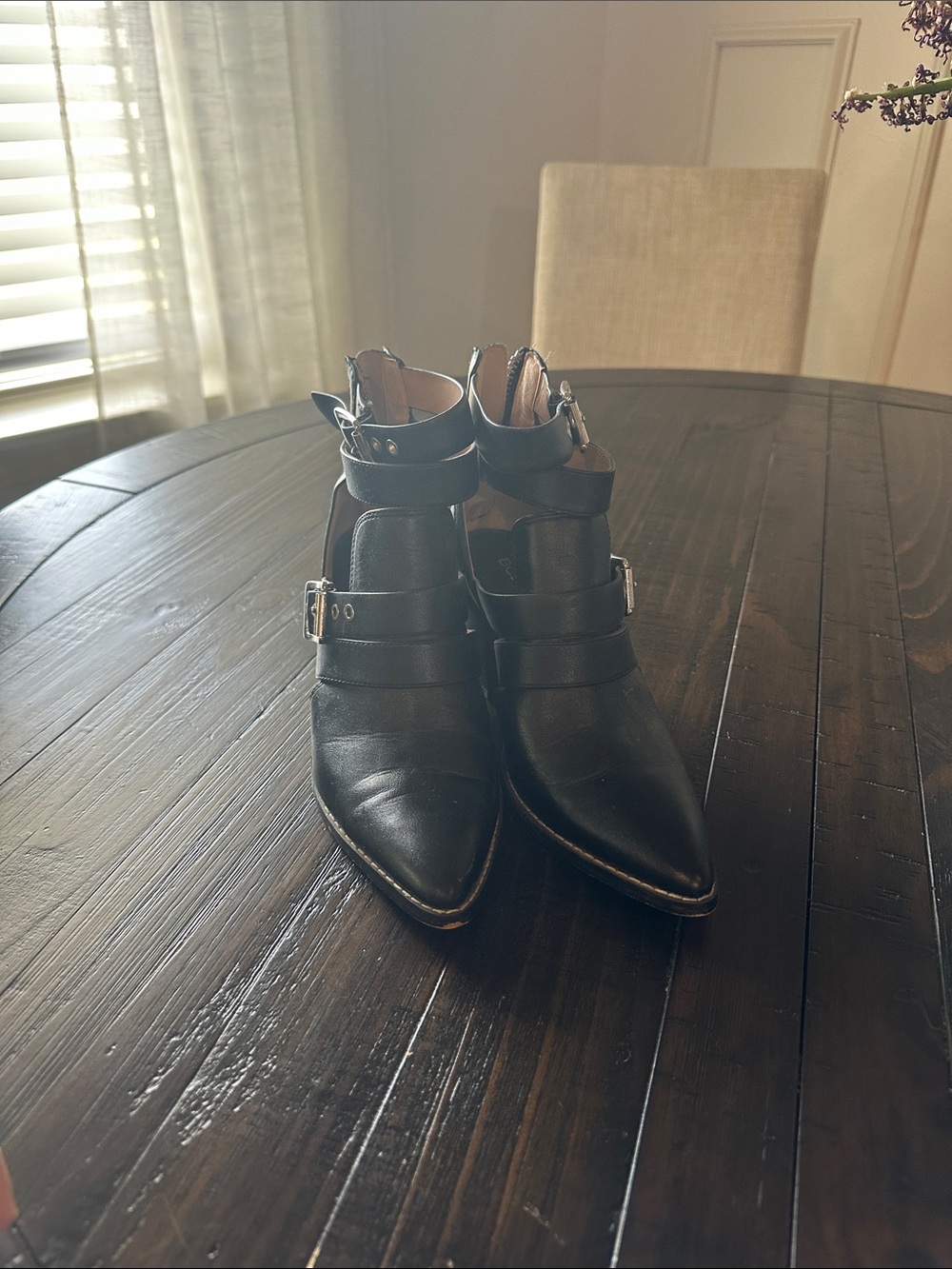 BCBGMaxAzria Black Pointed Ankle Booties with Buckle Straps
